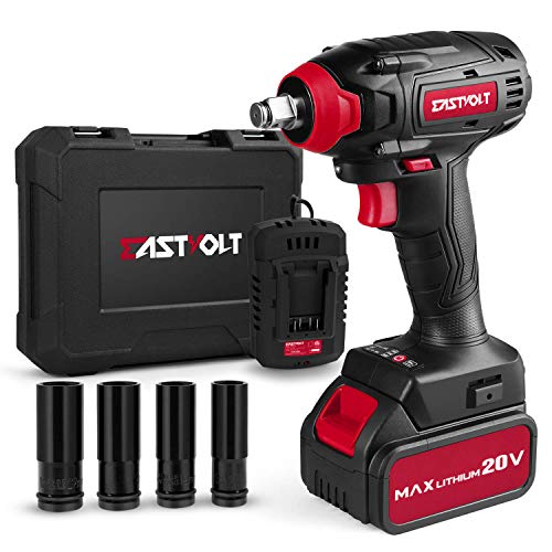 20V Max Cordless Impact Wrench, EASTVOLT Brushless Motor with 1/2 Inch Chuck, Max Torque 221ft.lbs, 2 Torque Settings, Fast Charger, 4.0Ah Lithium-ion Battery, 4 Pcs Driver Impact Sockets, EVIW2001B