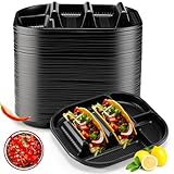 Baderke 60 Pack Disposable Plastic Taco Plates, PP Taco Holder Plates with 2 Dividers for Soft & Hard Shells for Tuesday, Parties, Picnics, Sturdy Trays for Soft and Hard Shell Tacos (Black)