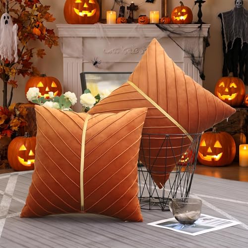 Image of Velvet Throw Pillow Covers 16x16 Pack of 2 Gold Decor Burnt Orange