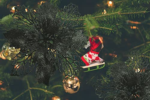Wereves 12 Pcs Black Glitter Artificial Poinsettia Flowers With Clips And Stems, 5.9 Inch Artificial Flowers Christmas Flowers Christmas Wreath Garland Christmas Tree Ornaments #TOP5