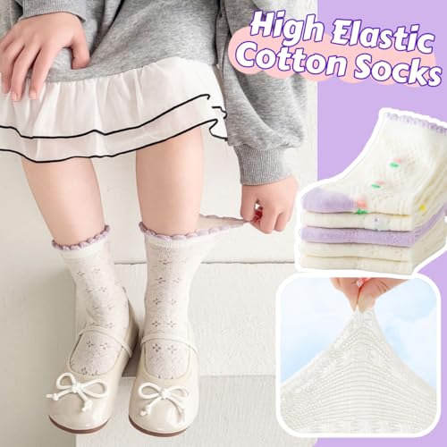 Girls Cotton Thin Mesh Crew Socks, Kids Floral Flower Cute Summer Socks, 5 Pairs, 3~12Years4