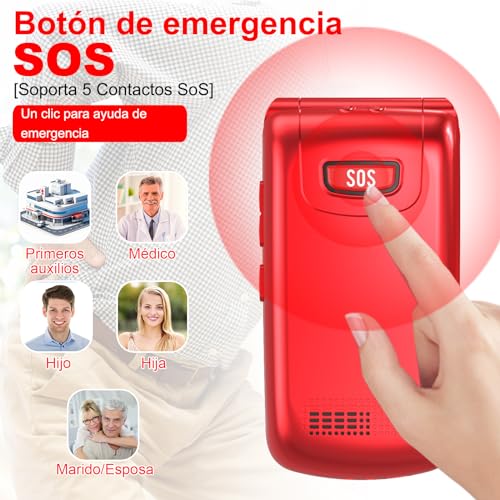 CHAKEYAKE 4G Telefono Movil para Mayores Libre con Teclas Grandes, Doble SIM Doble Pantalla LCD, Teléfono Móvil Personas Mayores con Botón SOS, Cable USB C | Batería 1000mah | Base Cargadora | Rojo - imagen 7