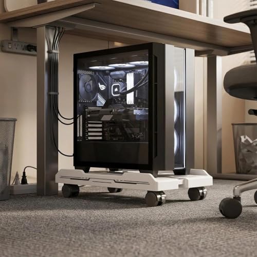 Support PC mobile blanc avec roues pour unité centrale et accessoires de bureau