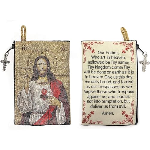 Image of TREE OF LIFE REV. 22:14 Catholic Rosary Pouch, 4 inch x 6 inch Jewelry & Coin Purse with Cross, Small Woven Tapestry Icon Bag, Bolsa de Rosario Catolico para Joyeria, Sacred Heart of Jesus & The Lord's