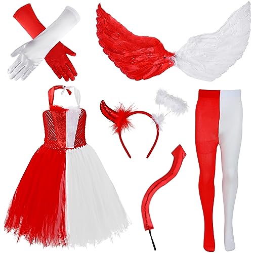 Liitrsh 6 Pcs Halloween Costumes Set for Angel themed Girl Costume with Dress Wings Headband Tights for Cosplay(4-7 Years Old)