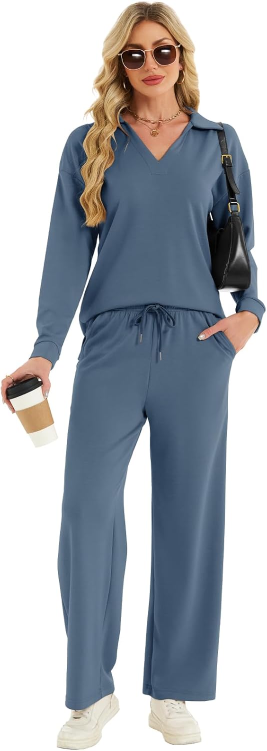 Two Piece Sets for Women Casual Fall Lounge Sets Long Sleeve V-Neck Tops Wide Leg Pants Vacation Travel Outfits - Image 2