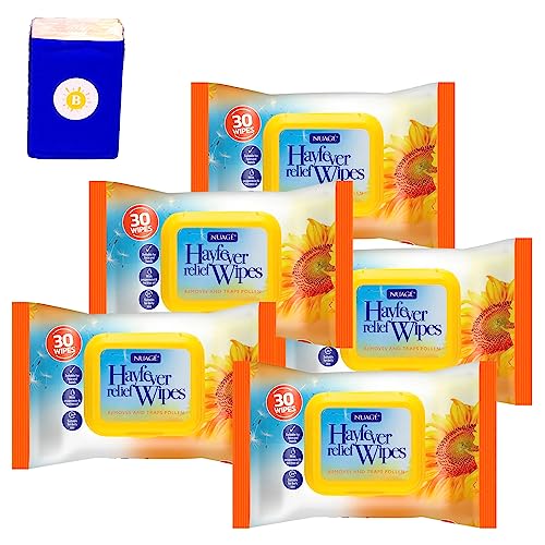 Nuage Hayfever Relief Wipes X 5 (150 Allergy Wipes in Total) and 1 Pack of 10 Brighter Outside Mini Tissues for Adults & Children