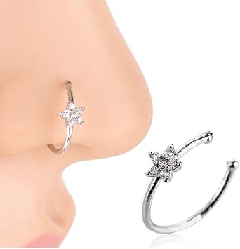 DCFSHEE 2Pcs Fashion Thin Flower Clear Crystal CZ Zircon Nose Ring Stud, Small Thin Cartilage Nose Ring Tiny Snug Fit Nose Piercing Jewelry