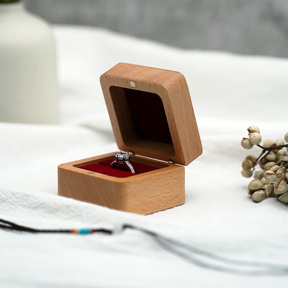 Boîte à Bagues En Bois Vintage - Carré 5.5x5.5x4 Cm - Fermeture Magnétique - Pour Alliance, Fiançailles, Présentation - Style Rétro élégant