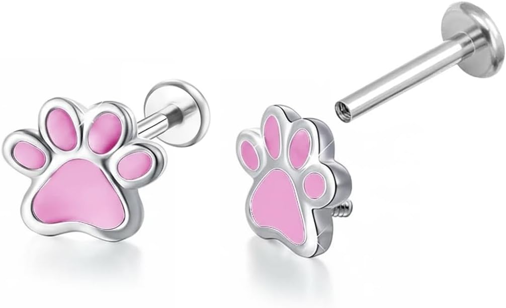 Top Cute Cat Paw Print Cartilage Labret Stud Earrings 16G Flat Back G23 Titanuim Internal Thread Dog Puppy Kitten Animal Pet Tragus Monroe Helix Medusa Body Pierced Jewelry Nose Lip Ring for Women Men