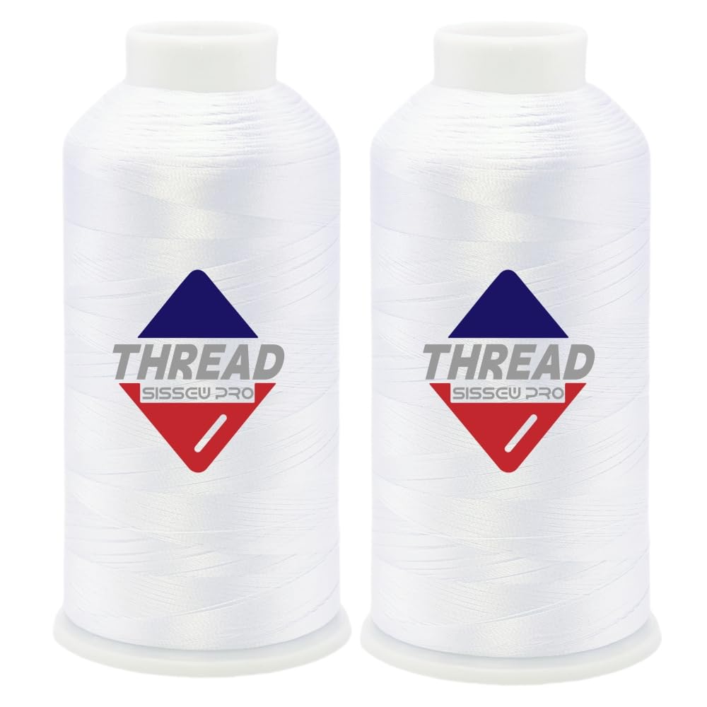 Sissewpro 40WT Machine Embroidery Thread 2 Big Spool (5,000M Each 10,000M Total) – 2 x White Polyester Embroidery Thread 120D/2 for Commercial &amp; Home Embroidery Machines
