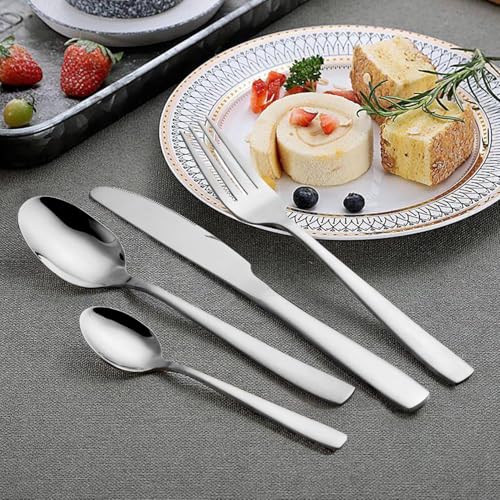 Image of aDai Sterling Silver Silverware Set, Satin Finish | 40-Piece Stainless Steel Flatware Set | Dishwasher Safe Kitchen Cutlery for Home, Restaurant & Gifting