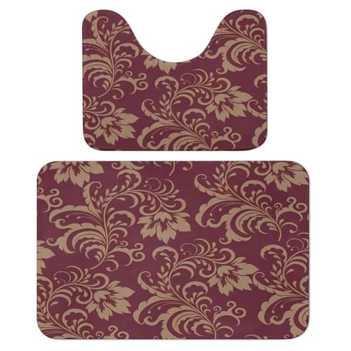 Yandier Burgundy Antique Maroon Gold Floral 2-Piece Bathroom Rug Set