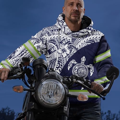 Matedecor High Visibility Hoodie Men Reflective Safety Hoodie Blue White Turtle Hawaiian Polynesian Tribal Custom Name Workwear For Worker, Runners, Walkers, Truckers — view 6