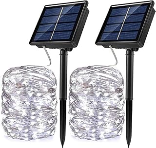 Solar String Lights, 2 Pack 100 LED Solar Fairy Lights 33 ft 8 Modes Copper Wire Lights Waterproof Outdoor String Lights for Garden Patio Gate Yard Party Wedding Indoor Bedroom (Cool White)