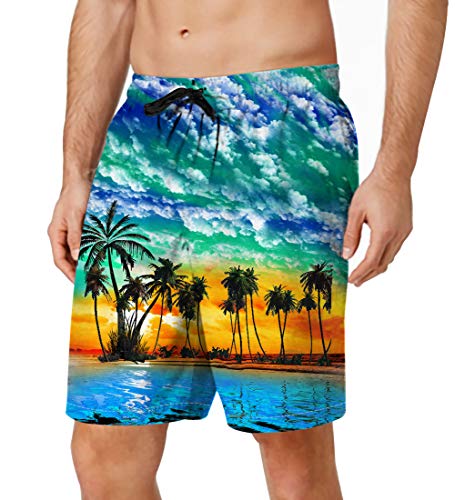 Mens Funny Swimming Trunks 3D Graphic Blue Hawaiian Palm Tree Board Shorts Long Beachwear Quick Dry Brazilian 80s Retro Basic Watershorts Summer Holiday Bathing Suits Hawaii Tropical Clothing