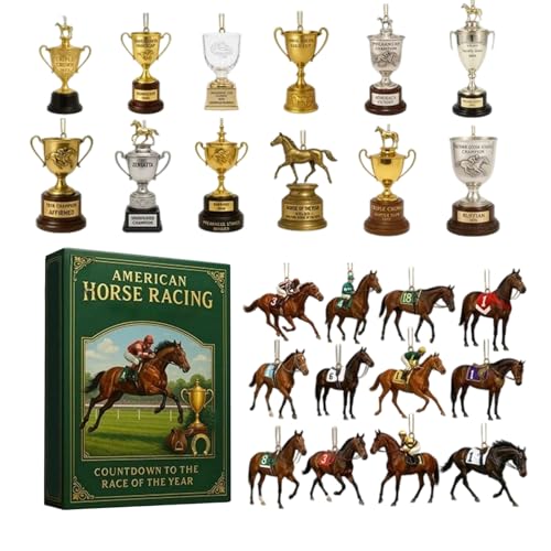 Cuenta regresiva de Adviento de carreras de caballos de Navidad, decoración de caballos de acrílico 2D de 24 días, colgantes de calendario de cuenta regresiva de trofeos de caballos de carreras, para