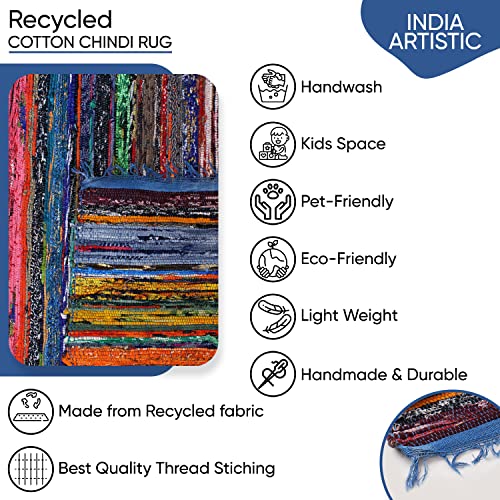 Indian Artistic Multi Color Chindi Rag Rug 4X6 Hand Woven Rug & Reversible Rug |Recycled Cotton Chindi Rug For Living Room Kitchen | Rustic Rug | Cotton Rug | Runner Rugs (Blue Colour) #TOP1
