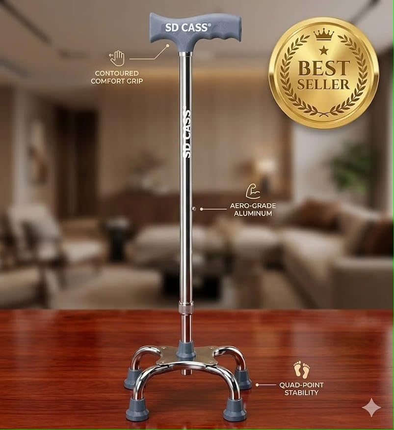 Image of 4 Leg Walking Stick | Lightweight Walking Support with Adjustable Height & Anti-Slip Handle | Quadbase Walking Cane for Men /Women, Patients, Elderly
