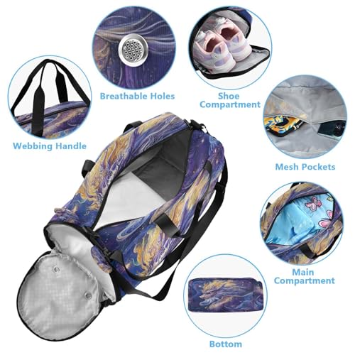 Gym Travel Duffle Bag for Boys Girls Purple Dragon Sports Dance Bag with Shoe Compartment & Wet Pocket Football Kids Travel Bag Teens Sleepover Carry4