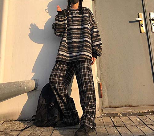 Cylady Women Striped Sweatshirt Pullover Oversize Sweater Plus Size Knitted Long Sleeve Tops Black #TOP3