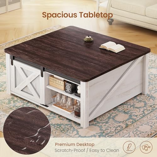 Image of SEDETA 31.5 inch Lift Top Coffee Table with Storage, Square Coffee Tables for Living Room, Farmhouse Coffee Table with Large Hidden Storage Compartment and Adjustable Shelves, Vintage White