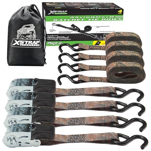 XSTRAP STANDARD 4 Pack 1 x 15 Ratchet Tie Down Straps - 630 Lbs Load Cap 1890 Lbs Break Strength Heavy Duty Cargo Straps for Moving Truck & Motorcycle Camouflage