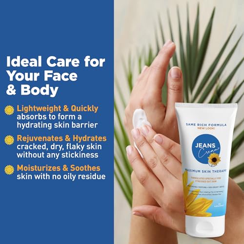 Jeans Cream Jeans Maximum Skin Therapy Cream with Aloe & Vitamin E. Moisturizing Cream for Dry & Sensitive Skin affected by many causes such as Radiation Treatment, Sunburn, Itchiness & Redness. 2oz