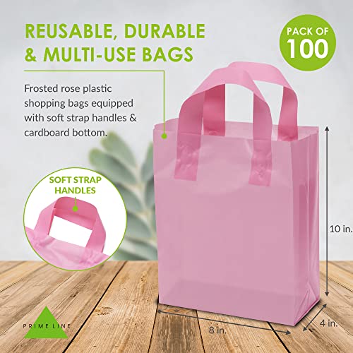 Prime Line Packaging Plastic Gift Bags with Handles for Small Business, Boutiques, Pink Thank you, Goodie, Frosted Party Favors, Bulk, 8x4x10 100 Pack