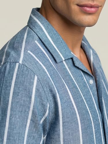 Image of Urbano Fashion Men's Cotton Half Sleeve Relaxed Fit Linen Striped Shirt with Cuban Collar