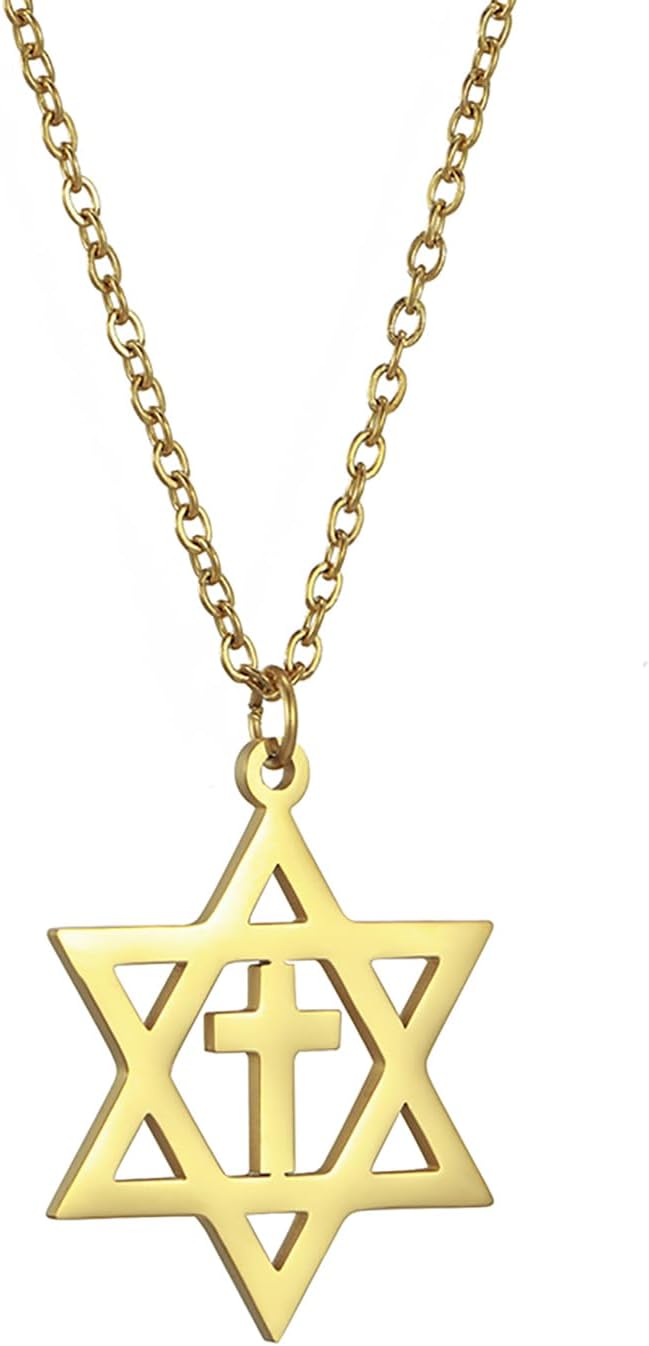 VASSAGO Star of David Necklace for Men Women Stainless Steel Hexagon Pendant with Cross Necklace Dainty Religious Jewish Jewelry