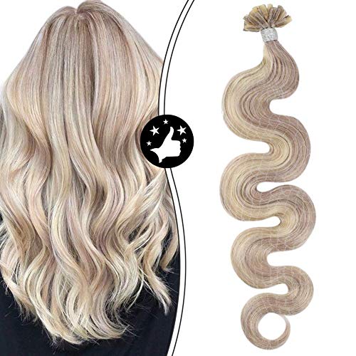 Moesoo 24 Inch U Tip Hair Extensions Remy Hair Extensions Keratin Pre Bonded Hair Extensions Wavy Color #18 Ash Blonde Mixed with #613 Bleach Blonde 1g/1s 50G 50 Strands Keratin Bond Extensions
