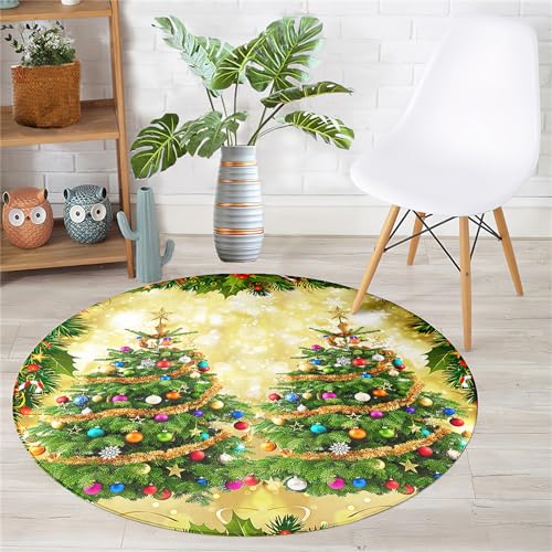 Chickwin Weihnachtsbaum Muster Rutschfester Teppich Rund, Teppich Moderne Wohnzimmer Flauschig Teppiche Weich Flanell Fußmatte für Schlafzimmer Küche-1 (Durchmesser 40cm,Weihnachtskugeln)