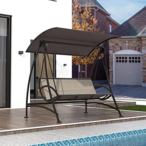 Domi Porch Patio Swing With Adjustable Canopy, 3-Seat Swing With Stand, Outdoor Swings W/Armrests, Weather Resistant Steel Frame And Textilene Fabric #TOP7