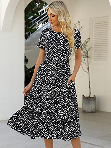 Image of Lyrur Women's Dresses Casual Summer Tiered Midi Dress Short Sleeve Belted Ruffle Babydoll Boho Sundress with Pockets