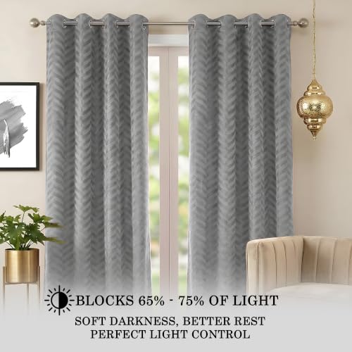 Image of 100% Light Block Curtains 8 Feet 2 Piece, Light Grey | Embossed Panels Room Darkening Mild Thermal Insulated & Noise Reducing Curtains (Light Grey, 96 Inch)