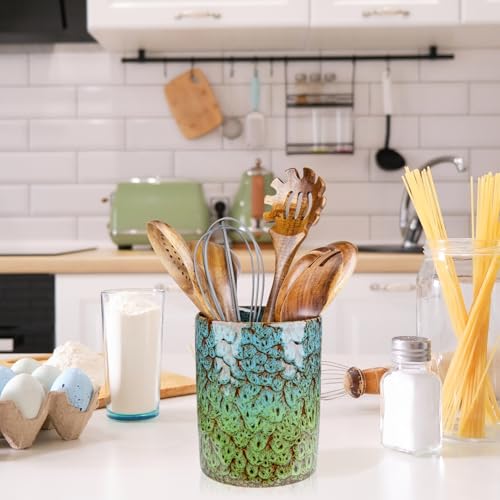 YINUOWEI Utensil Holder, Ceramic Kitchen Utensil Holder for Countertop, Large Cooking Utensil Crocks for Kitchen Counter, Morden Utensil Organizer for Spatula, kitchen Decor, Blue & Green by YINUOWEI - Image 5