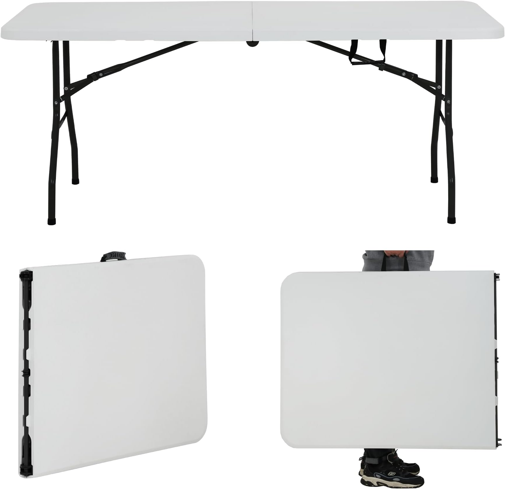 HKLGorg 6 Ft Heavy Duty Working Indoor Outdoor Plastic Folding Utility Party Dining Table Easy to Assemble with Lock Function White, 70.9 x 29.1 x 29.1 inches (White, 6 FT)