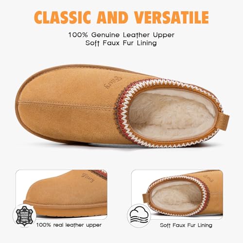 FITORY Women\'s Suede Slipper, Flat Slip On House Shoes with Faux Fur Lining Indoor Outdoor Short Mini Boots Khaki Size 8