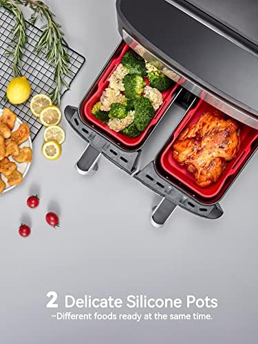 HEETA Silicone Air Fryer Liner Compatible for Ninjas AF400UK [2 Pack] Newest Silicone Pot with Oven Gloves, Reusable Dual Air Fryer Silicone Basket for Cosori/Tower/Salter/Instant