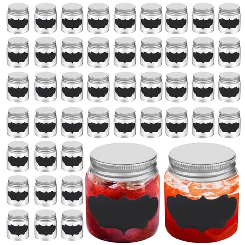 Voittozege 2oz Mini Mason Jars with Silver Lids, 48 Pack Clear Glass Jars Ginger Shots Bottles and 48 Pcs Labels,Glass Spice Jars,Small Mason Juice Bottles for Jam, Honey, Wedding Favors,Shower Favors
