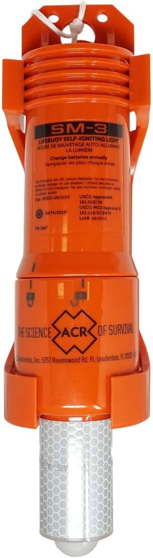 SM3 Lifebuoy Self-Igniting Marker Light, USCG, SOLAS, and MED approved, is a direct replacement for the SM2, ensuring reliable visibility in emergency situations.