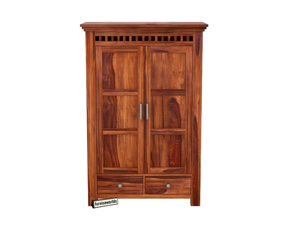 Image of Sheesham Wood Wardrobe with 2 Drawer and 2 Shelves Storage for Bedroom Wooden Almirah for Clothes for Living Room Bedroom Home, Solid Wood Furniture (Honey Brown)