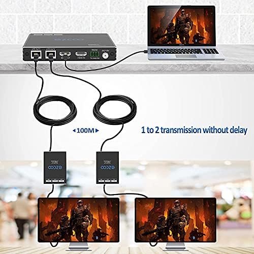 4K HDMI splitter extender 1 in 2 out over cat5/6, 4K 60Hz (4:4:4 8bit) Extender Over Ethernet up to 50m/165ft.HDCP2.2/PoE/EDID Management 5.1/7.1CH, Two-way IR Down scaling from 4K to1080P