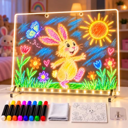 Lavagna LED da Disegno per Bambini, 35 × 25 cm Lavagna Luminosa con 12 Effetti di Luce, 8 Pennarelli Colorati & Libro di Modelli, Lavagna Neon Cancellabile da Tavolo o Parete, Regalo Bambini & Ragazzi