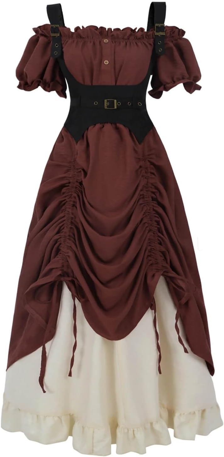 Nuoqi Renaissance Costume Women Medieval Steampunk Dress Off Shoulder Pirate Ren Faire Dress