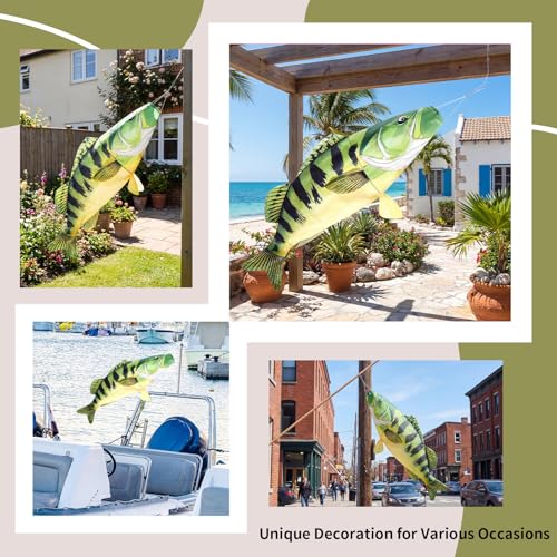 Newwiee 1 Pcs 45\" Realistic Fish Windsock, Heavy Duty Fade Resistant Outdoor Hanging Flag with Swivel Clip for Boat, Dock, Lake House, Patio and Yard Decor (Bass)