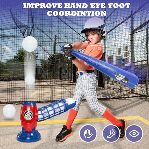 Nuffunx Automatic Kids Pitching Machine Set with 8 Baseballs & Bat, Electronic Baseball Swing Trainer for Children Toddlers Age 3-12, T Ball Tee Ball Set Outdoor Games Toys Gift for Christmas,Birthday