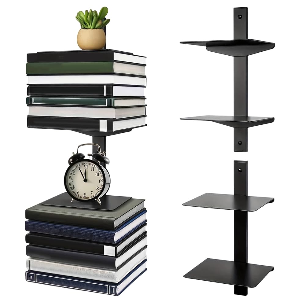 Set di 2 librerie sospese, invisibili, da parete, a 4 piani, in metallo, portata 12 kg per livello, nero