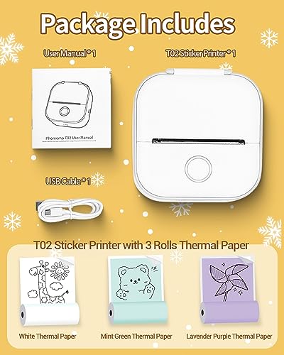 Image of Phomemo Mini Sticker Printer with 3 Rolls Paper, AI Smart APP Portable T02 Thermal Print Pods Mini Printer for Notes, Work Plan, Creative DIY, Birthday Fun Gift, Compatible with iOS & Android